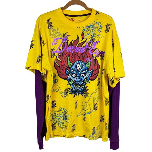 Request T-Shirt Mens XL Vibrant Yellow Crew Layered Long Sleeves Demon Eyes - Picture 1 of 8
